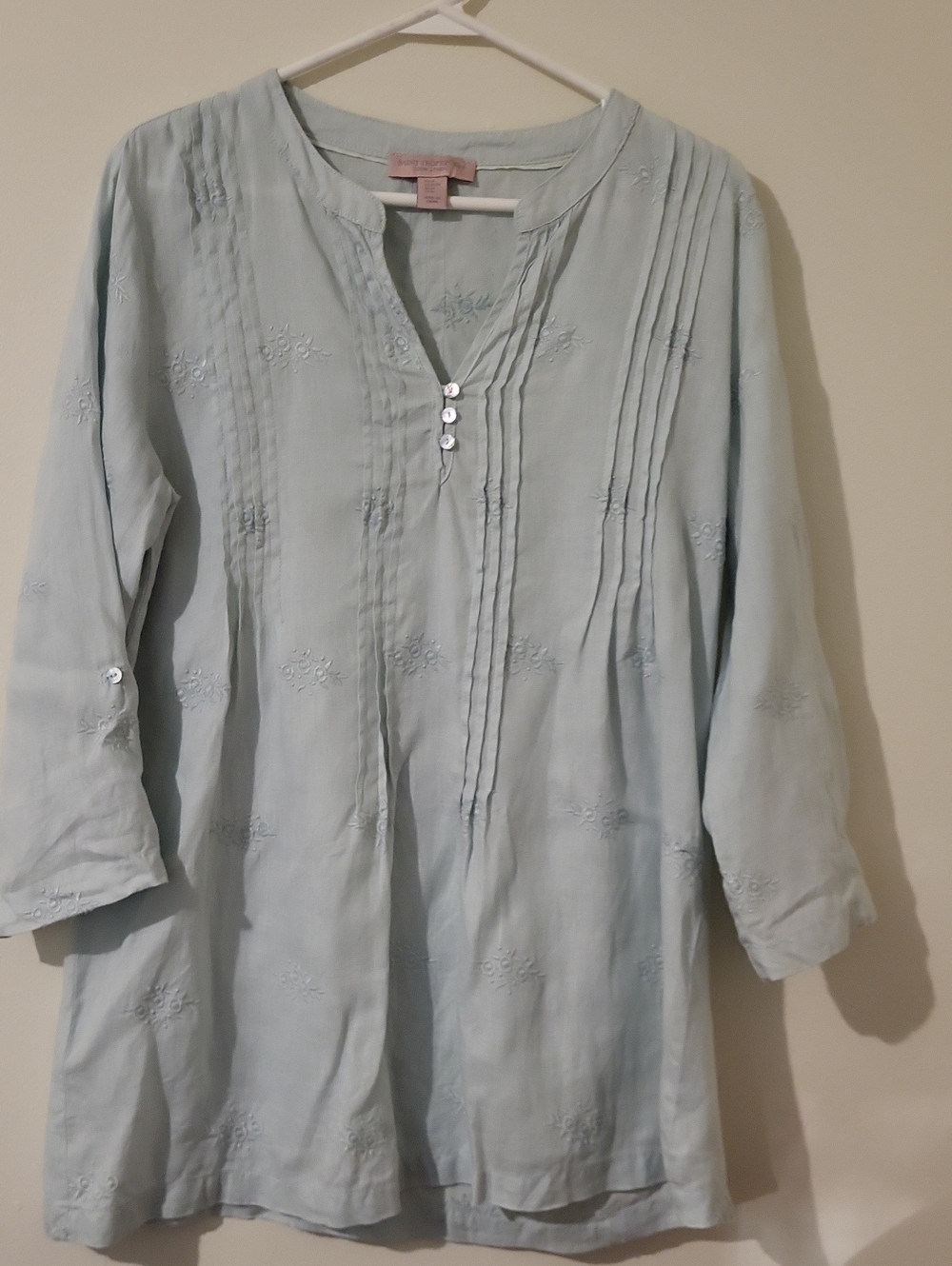 St Tropez West Blue Linen Tunic Top W/Pink Label Roll Tab Sleeves Pintuck Resort